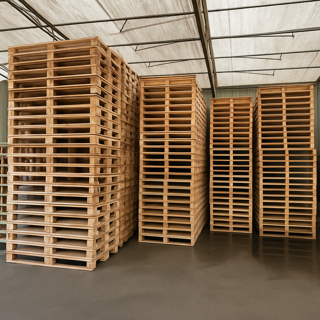 Stos nowych palet przemysłowych